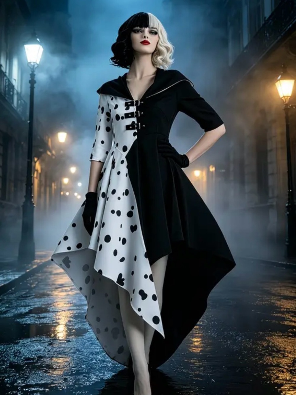 Cruella Black & White Dalmatian Spotted Asymmetrical Dress with wig